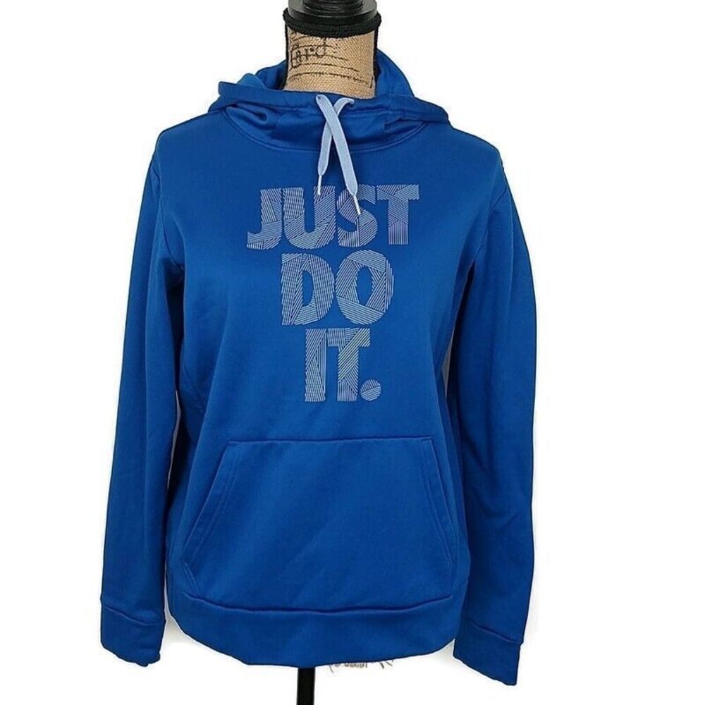Nike‎ Womens M Hoodie Solid Blue Just Do It Graphic Hooded Long Sleeve Pullover